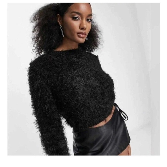 Zara Fuzzy Eyelash Black Sparkly Cropped Crewneck Sweater Size Small NEW - Picture 2 of 6